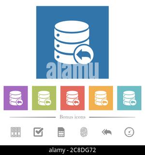 Database transaction rollback flat white icons in square backgrounds. 6 bonus icons included. Stock Vector