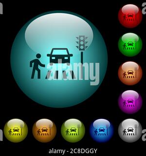 Pedestrian crossing icons in color illuminated spherical glass buttons on black background. Can be used to black or dark templates Stock Vector