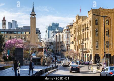 View on Waygand Street with Beirut Municipality building and minaret of Al Omari Grand Mosque on Waygand Street in downtown of Beirut, Lebanon Stock Photo