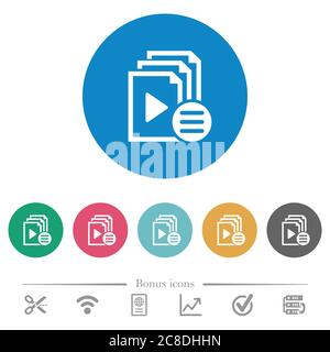 Playlist options flat white icons on round color backgrounds. 6 bonus icons included. Stock Vector