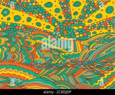 Psychedelic landscape. Colorful psychedelic folk poster. Hippie art. Sea sunset.Sun, ocean, sky and clound. Oceanic waves. Seaside illustration. Doodl Stock Vector
