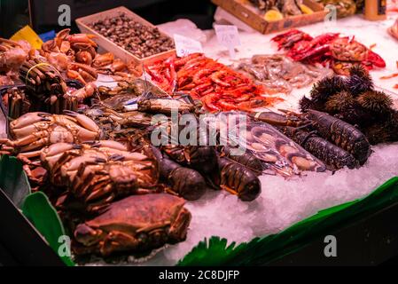 A pile of ctabs, shrimps, echinus and lobsters on ice at a fish market in Barcelona. Fresh healthy seafood Stock Photo
