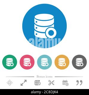 Database macro record flat white icons on round color backgrounds. 6 bonus icons included. Stock Vector