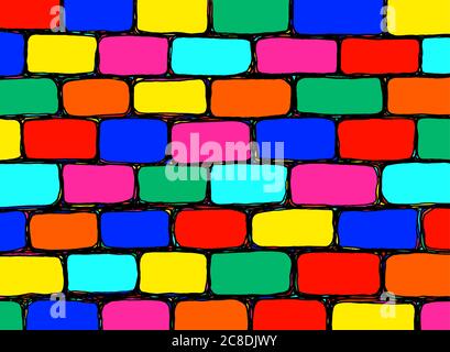 Wall background. Urban sketch - wall texture. Hand drawn rainbow grunge pattern. Brick wall pattern. Vibrant colorful line art. Vector illustration. Stock Vector