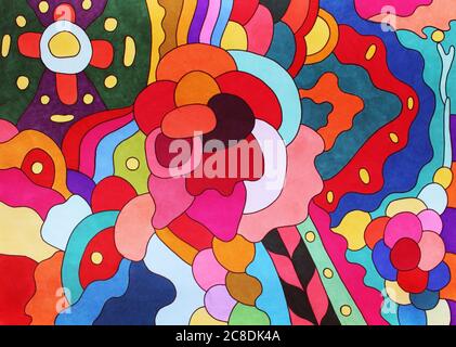 Marker drawing background. Abstract colorful hand drawn colorful texture. Bright psychedelic backdrop for graphic design. Stock Photo