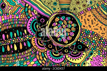 Pastel colored trippy doodle pattern. Neon colors. Colorful zendoodle page with abstract organic ornament. Psychedelic zentangle texture. Vector illus Stock Vector