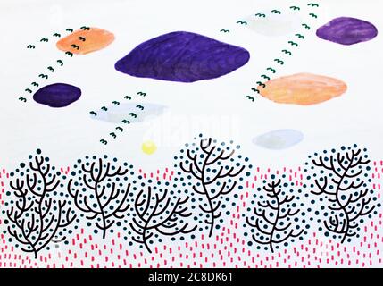 Autumn landscape illustration. Pale colors. Marker painting. Hand drawn artwork. Cartoon doodle art. lock of migratory birds in the sky. Fall sunset, Stock Photo