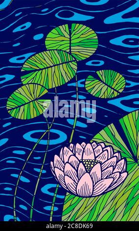 Water lily - floral illustration. colorful lotus plant drawing. Graphic psychedelic multicolored line art. Vector artwork. Stock Vector