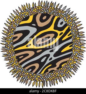 Floral doodle mandala sketch. Colorful folk aboriginal art drawing. Grey, beige and yellow flower. Vector illustration. Stock Vector