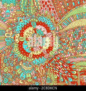 Mandala flower. Psychedelic hippie colorful illustration. Pastel colors. Doodle floral ornament. Art for relaxation. Line drawing. Vector artwork. Stock Vector