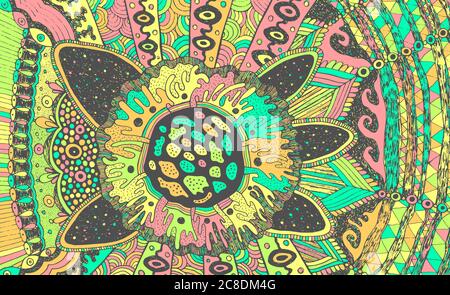 Colorful doodle pattern. Pastel colors. Bright abstract aboriginal folk surreal ornament. Psychedelic texture. Vector illustration. Stock Vector