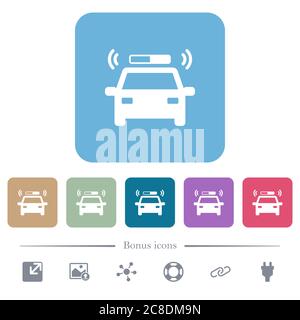 Flashing police car white flat icons on color rounded square backgrounds. 6 bonus icons included Stock Vector