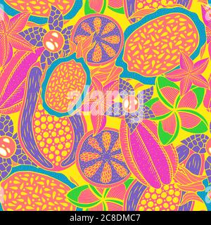 Doodle seamless pattern on yellow backdrop. Vector pattern. Neon colors rainforest texture. Bright fashion background. Tropical nature colorful design Stock Vector