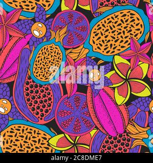 Doodle seamless pattern on dark backdrop. Vector pattern. Neon colors rainforest texture. Bright fashion background. Tropical nature colorful design. Stock Vector