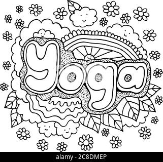 Coloring page for adults with motivational quote - Yoga. Doodle lettering. Coronavirus quarantine antistress illustration. Black and white line art. V Stock Vector