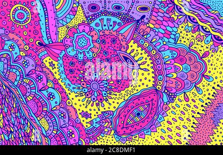 Neon trippy colorful doodle outline abstract pattern.Floral boho eclectic abstract detalized ornament. Psychedelic texture. Vector illustration. Stock Vector
