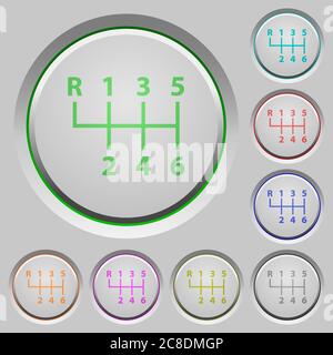 Six speed manual gear shift color icons on sunk push buttons Stock Vector