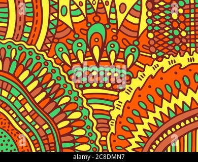 Boho doodle pattern. Colorful ornament. Nature motifs. Drops and circles. Surreal psychedelic artwork. Vector illustration. Stock Vector
