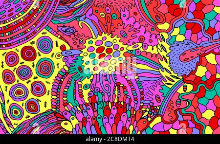 Organic psychedelic colorful pattern. Multicolor stoner illustration. Waterdrops and plants elements. Zendoodle art for relaxation. Vector artwork. Stock Vector