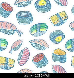 Sushi seamless pattern. Sketch colorful illustration. Sushi and rolls ornament. Japanese seafood. Background for restaurant menu design. Vector illust Stock Vector