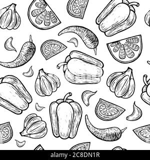 Mexican vegetables seamless pattern. Tomato, pepper, garlic texture. Black and white illustration. Line art backdrop for menu and flyer design. Vector Stock Vector