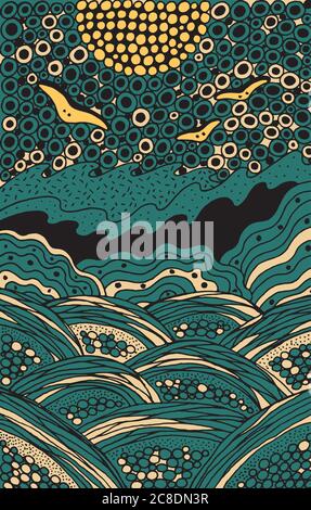 Seascape doodle illustration. Trippy colorful landscape artwork. Psychedelic doodle line art. Seagulls in the sky. Ocean waves. Vector illustration. Stock Vector