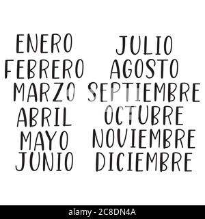 Hand Lettered Months of the Year in Spanish. Lettering for Calendar, Organizer, Planner Stock Vector