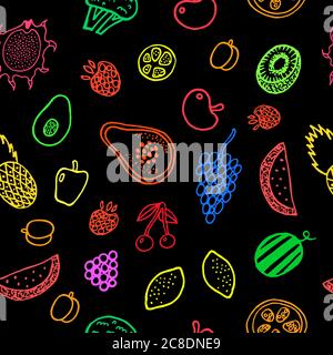 Stylish hipster green design template - colorful tropical frtuits on the black backdrop. Vector design template. Doodle fashion background. Neon color Stock Vector