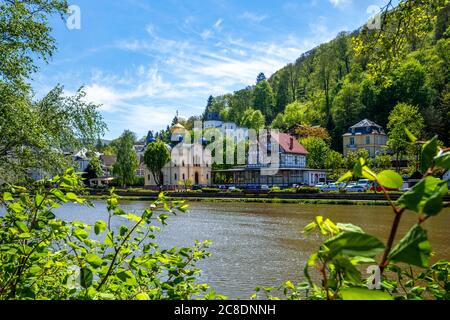 Germany, Rhineland-Palatinate, Bad Ems, Riverside town on sunny day Stock Photo