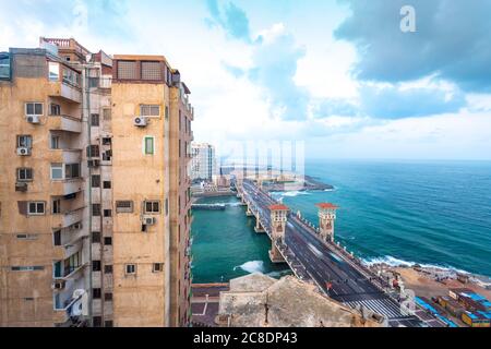 Egypt, Alexandria, Stanley bridge with apartment building in foreground Stock Photo