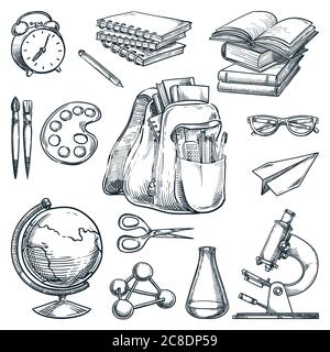 School supplies and education design elements, isolated on white background. Hand drawn sketch vector illustration. Backpack, books, notebooks, micros Stock Vector