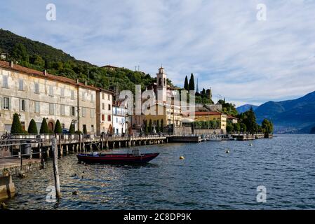Italy, Lombardy, Riva di Solto, Lake Iseo and town Stock Photo