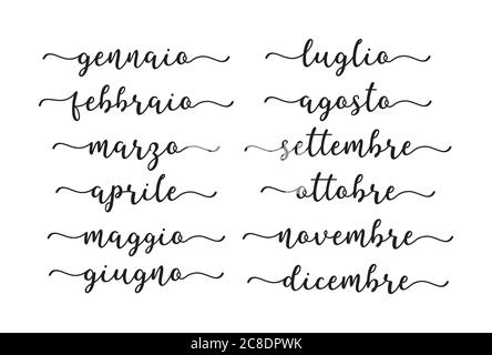 Hand Lettered Months of the Year in Italian. Lettering for Calendar, Organizer, Planner. Stock Vector