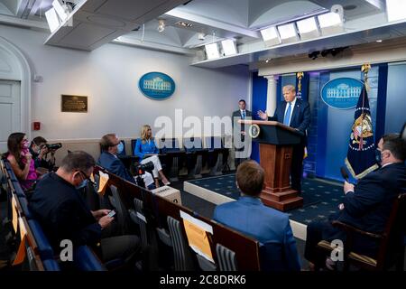 Washington, United States Of America. 22nd July, 2020. Washington, United States of America. 22 July, 2020. U.S. President Donald Trump delivers remarks during an update briefing on the COVID-19, coronavirus pandemic in the Briefing Room of the White House July 22, 2020 in Washington, DC Credit: Tia Dufour/White House Photo/Alamy Live News Stock Photo