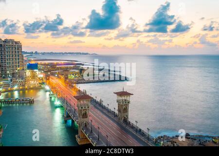 Egypt, Alexandria, Stanley bridge at dusk Stock Photo