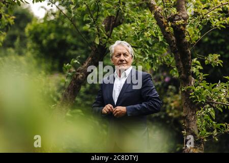 Confident senior businessman standing at a tree in a rural garden Stock Photo