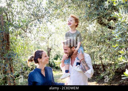 Smiling parents looking at each other while carrying son on shoulders at olive orchard Stock Photo