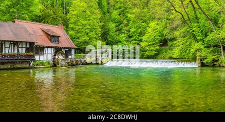 Germany, Baden-Wurttemberg, Blaubeuren, Rustic house on forest riverbank in spring