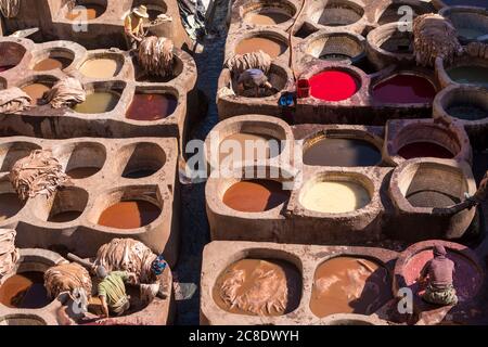 Morocco, Fez, People working at Chouara Tannery Stock Photo