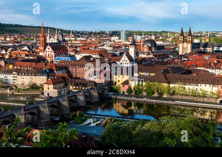 Germany, Franconia, Bavaria, Wuerzburg, View of old town with Old Main Bridge on Main river Stock Photo