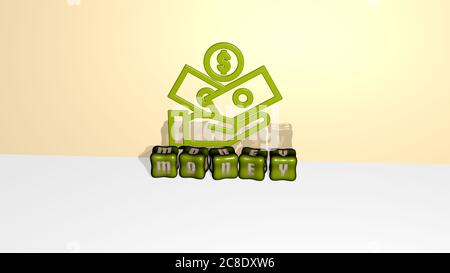 3D graphical image of MONEY vertically along with text built by metallic cubic letters from the top perspective, excellent for the concept presentation and slideshows. illustration and business Stock Photo