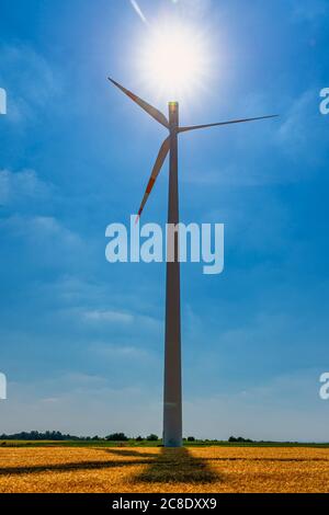 Germany, North Rhine-Westphalia, Grevenbroich, Sun above wind turbine in field Stock Photo