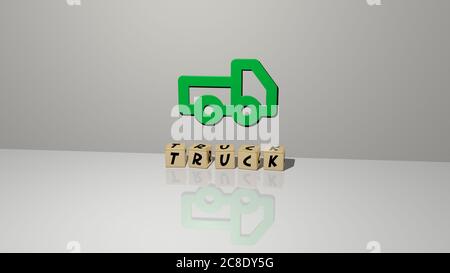 3D representation of truck with icon on the wall and text arranged by metallic cubic letters on a mirror floor for concept meaning and slideshow presentation. illustration and car Stock Photo