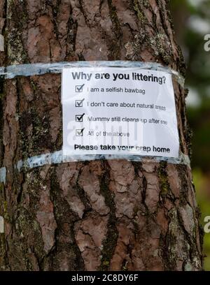 Litter problems constant problem in Loch Lomond and the Trossachs National Park during coronavirus pandemic - sign by Loch Chon asking why - Scotland Stock Photo