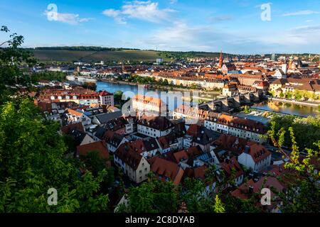 Germany, Franconia, Bavaria, Wuerzburg, View of old town with Old Main Bridge on Main river Stock Photo