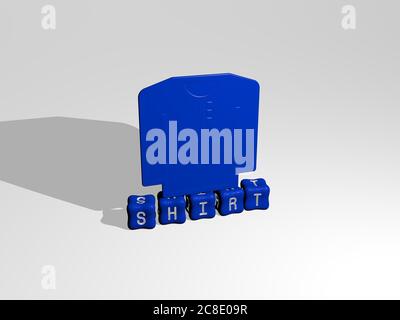 3D representation of SHIRT with icon on the wall and text arranged by metallic cubic letters on a mirror floor for concept meaning and slideshow presentation. background and white Stock Photo