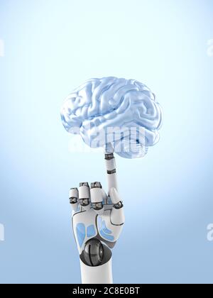 Three dimensional render of robotic arm balancing human brain on top of finger Stock Photo
