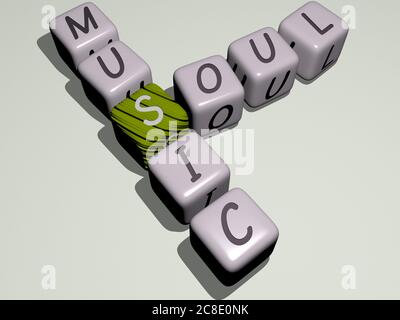 crosswords of soul music arranged by cubic letters on a mirror floor, concept meaning and presentation. illustration and background. 3D illustration Stock Photo