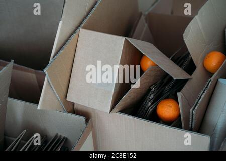 Three oranges on cardboard boxes Stock Photo