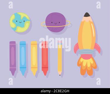 back to school, rocket planets crayons and pencil education cartoon ...